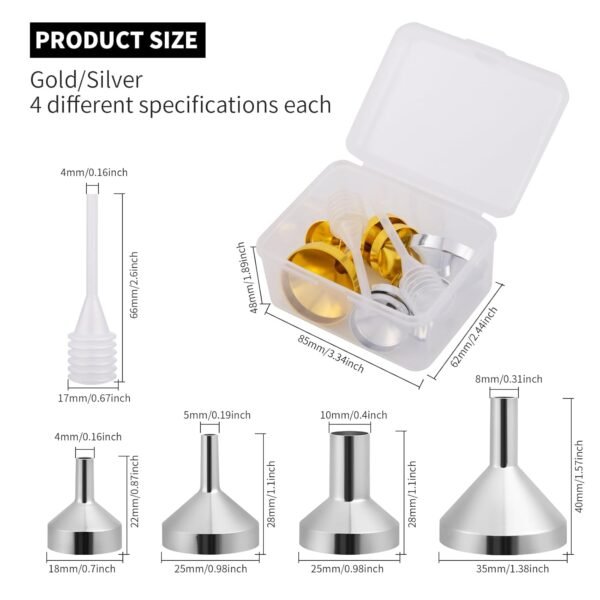 Small Metal Funnels 4 * 2 with 2 Mini Pipette, Mini Funnel, Perfume, Flask, Essential Oil, Miniature Bottles, Atomizers, Powder, Pet Capsule, (Silver, Gold) - Image 2