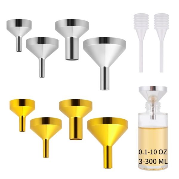 Small Metal Funnels 4 * 2 with 2 Mini Pipette, Mini Funnel, Perfume, Flask, Essential Oil, Miniature Bottles, Atomizers, Powder, Pet Capsule, (Silver, Gold)