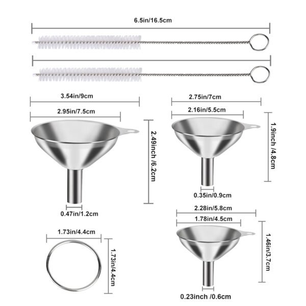 Metal Stainless Steel Funnel, Large Medium Small Funnel Set of 3, Food Grade Mini Funnels for Kitchen Use Filling Bottles Flask Cooking, 2 Brushes - Image 2