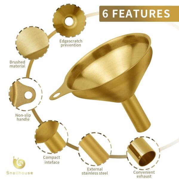 Small Funnels, 3 Pack Stainless Steel Mini Metal Food Funnel with Cleaning Brush Set for Filling Bottles Kitchen Use, Gold (1.78/2.16/2.95 in) - Image 2