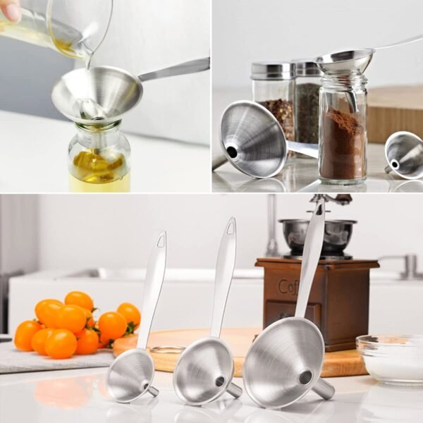Small Funnels for Filling Bottles, 3 Pcs Stainless Steel Kitchen Funnel Set with Long Handle, Food Grade Mini Metal Funnel for Transferring Oil Liquid, Easy Cleaning with a Brush - Image 2