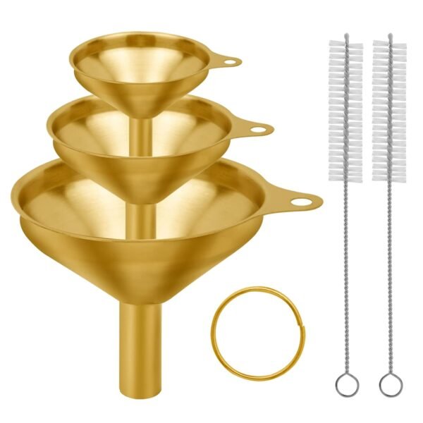Small Funnels, 3 Pack Stainless Steel Mini Metal Food Funnel with Cleaning Brush Set for Filling Bottles Kitchen Use, Gold (1.78/2.16/2.95 in)