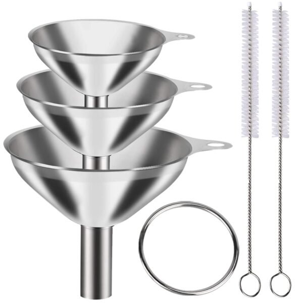 Metal Stainless Steel Funnel, Large Medium Small Funnel Set of 3, Food Grade Mini Funnels for Kitchen Use Filling Bottles Flask Cooking, 2 Brushes