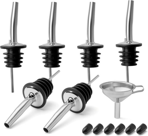 Olive Oil Spouts for Bottles, Stainless Steel Bottle Spout for Pours Liquor Vinegar Syrup or Oils with Stainless Steel Funnels (6 Pcs)