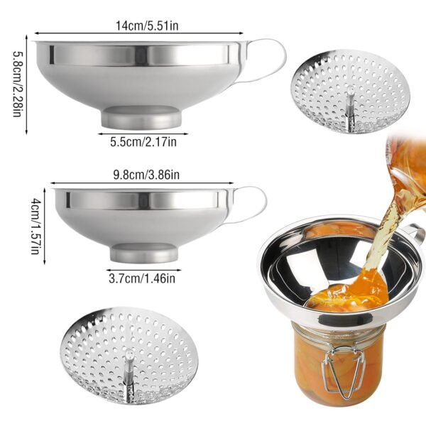 Set of 2 Canning Funnels with Wide Mouth - Stainless Steel Large/Small Kitchen Funnel Strainer - Use This to Fill Bottles with jam Oil Spice Compatible with Mason Jar - Image 2