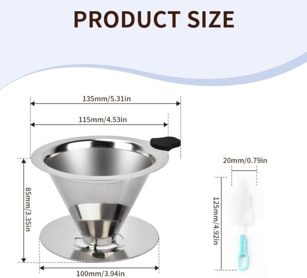 Pour Over Coffee Dripper Stainless Steel Reusable Filter Paperless Cone Coffee Maker Dripper for 1-2 Cup - Image 2