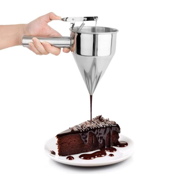 Piston Funnel with Stand - Stainless Steel Confectionery Funnel for Batter Dispensing & Bakery Use - Precise Cake Decorating Tool - Perfect for Pouring Sauces, Chocolate & Fillings | Silver