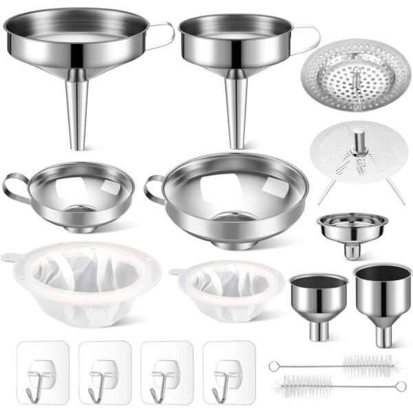17 pcs Stainless Steel Funnel Set Wide Mouth Canning Funnels Metal Mason Jar Funnel with Strainer Kitchen Funnels for Filling Mason Jars Mesh Filter Brushes and Adhesive Hooks, Silver