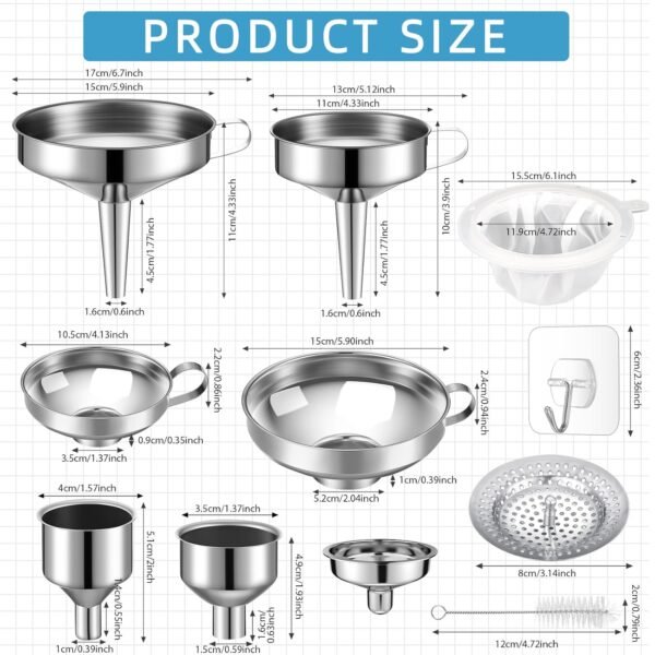 17 pcs Stainless Steel Funnel Set Wide Mouth Canning Funnels Metal Mason Jar Funnel with Strainer Kitchen Funnels for Filling Mason Jars Mesh Filter Brushes and Adhesive Hooks, Silver - Image 2