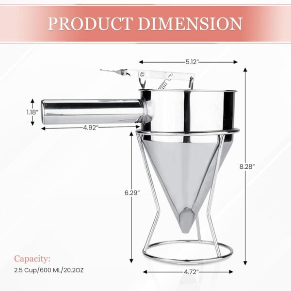 Piston Funnel with Stand - Stainless Steel Confectionery Funnel for Batter Dispensing & Bakery Use - Precise Cake Decorating Tool - Perfect for Pouring Sauces, Chocolate & Fillings | Silver - Image 2