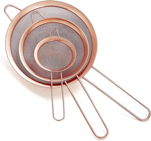 Copper Fine Mesh Strainer 3 Pieces Set, Rose Gold Flour Sifter For Baking, Stainless Steel Clander, Copper Matcha Tea Strainer, Gravy Separator,  Sieve Pasta Strainers