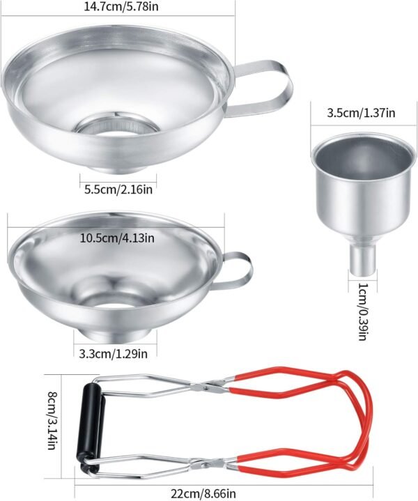 3 Pcs Canning Funnels for Wide and Regular Jars, Stainless Steel Wide Mouth Funnels, Metal Funnel Set for Kitchen Use, Transferring Liquid Power Mason Jam Grains, with Jar Tongs Lifter - Image 2