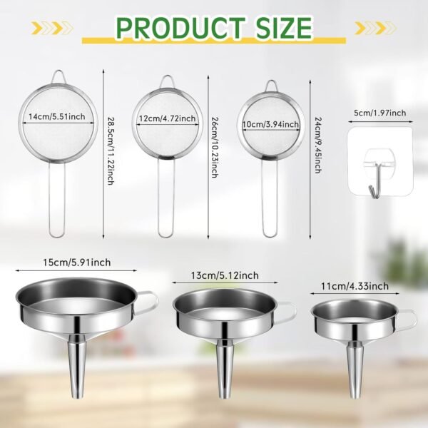 6 Pcs Stainless Steel Funnels with Fine Mesh Strainer and 6 Pcs Adhesive Hooks,Household Kitchen Canning Funnels Stainless Steel Colander Kitchen Mesh Food Filter Strainer - Image 2