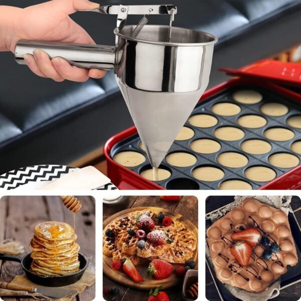 Stainless Steel Pancake Batter Dispenser, Funnel Dispenser with Stand, Kitchen Must Have Tool for Perfect Pancakes, Cupcake, Waffle, Muffin Mix, Cake & Crepe, Easy Pour Baking Supplies for Griddle - Image 2