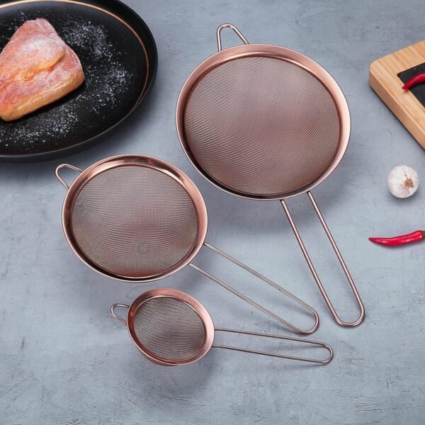 Copper Fine Mesh Strainer 3 Pieces Set, Rose Gold Flour Sifter For Baking, Stainless Steel Clander, Copper Matcha Tea Strainer, Gravy Separator,  Sieve Pasta Strainers - Image 2